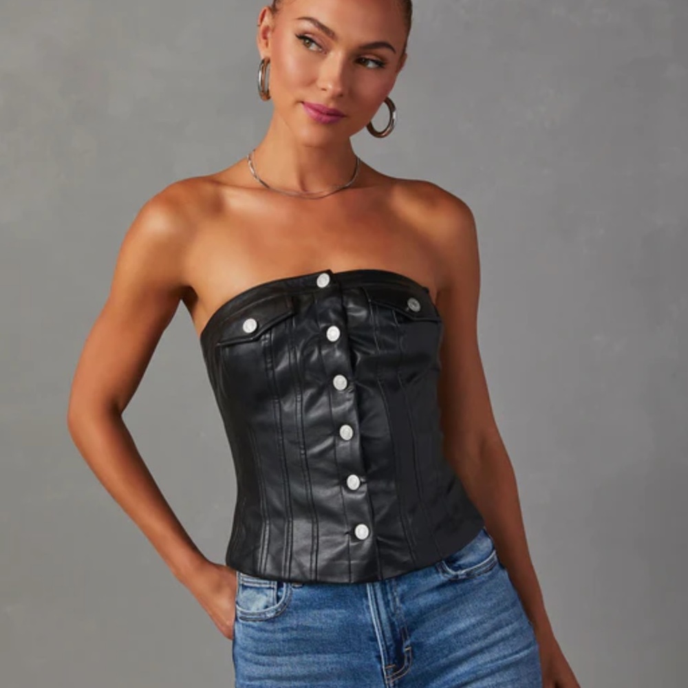 Faux Leather Button Front Bustier Top